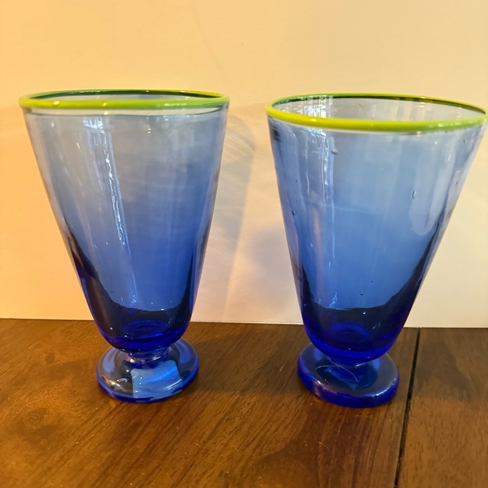 Set of 2 Anthropologie Matilda Goad & Co. Blue Lime Green Rim Footed Glasses